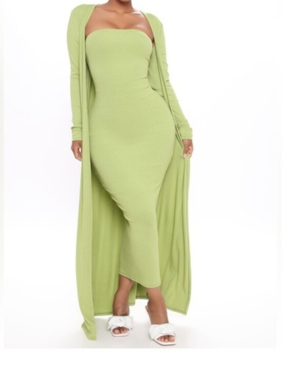 Fashion Nova Dresses & Skirts - Fashion Nova Lime Green Strapless Maxi Dress with Matching Long Cardigan
